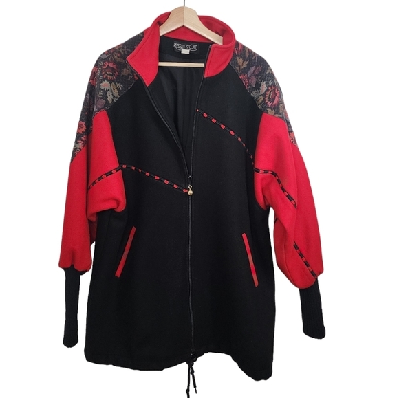 Vintage Wool Blend Women's Russell Scott Black & Red Floral zip up Jacket - Picture 5 of 13